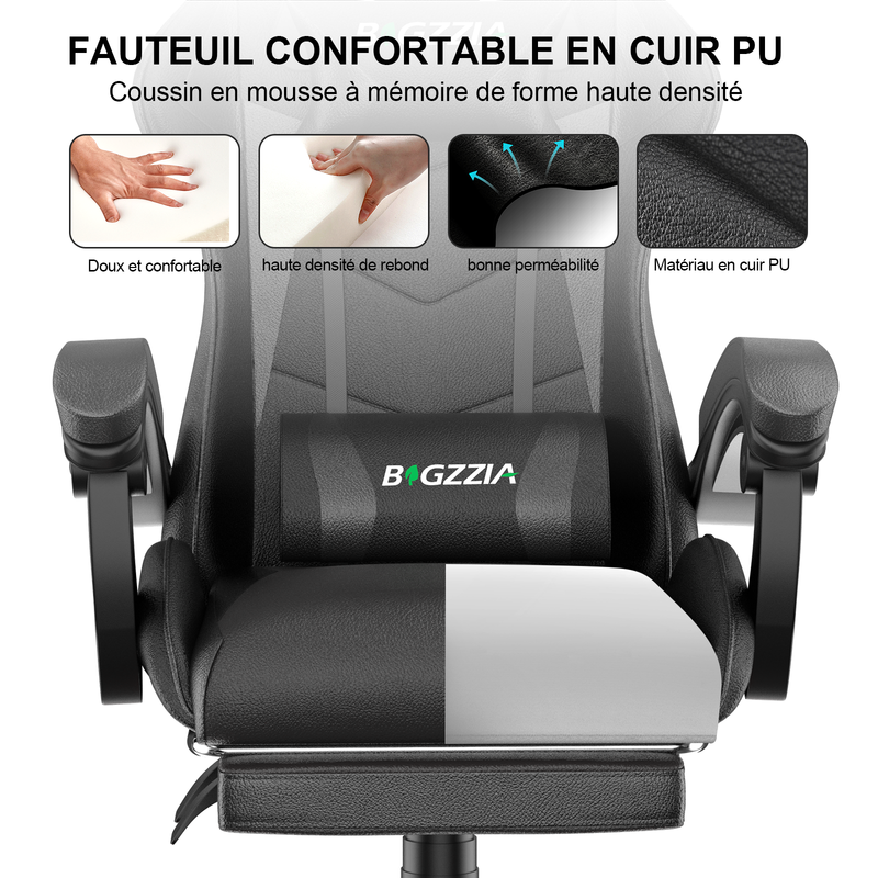 Sedia da ufficio, sedia da gioco ergonomica RATTANTREE in similpelle, altezza regolabile, con poggiatesta e supporto lombare, poggiapiedi, nera - 3