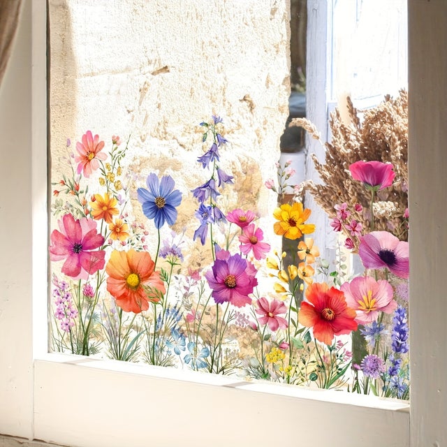 Autocollants floraux pour fenêtre, double face, motif printanier, statique, amovible, motif carillon éolien bleu, pour la maison