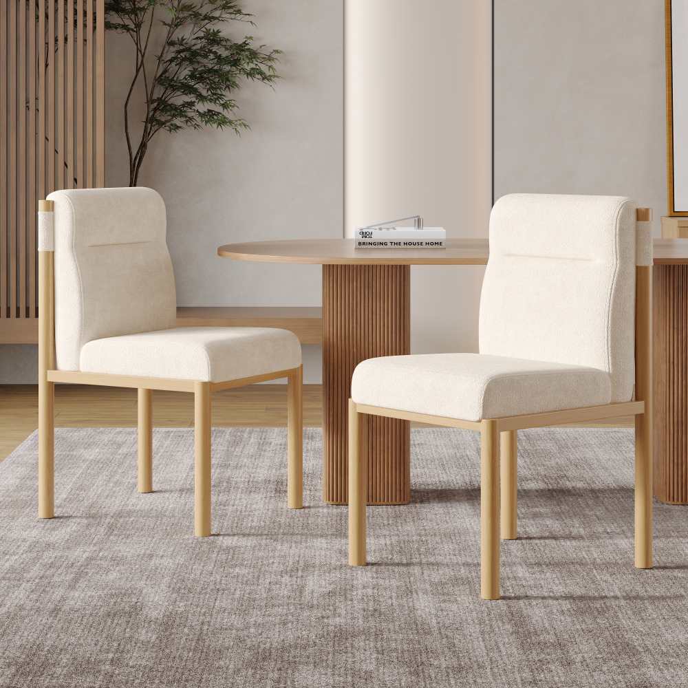 Zestaw 2 krzeseł do jadalni w beżowej tkaninie sherpa, z wyściełanym siedziskiem i nogami w kolorze dębu, idealny do jadalni, salonu lub kawiarni