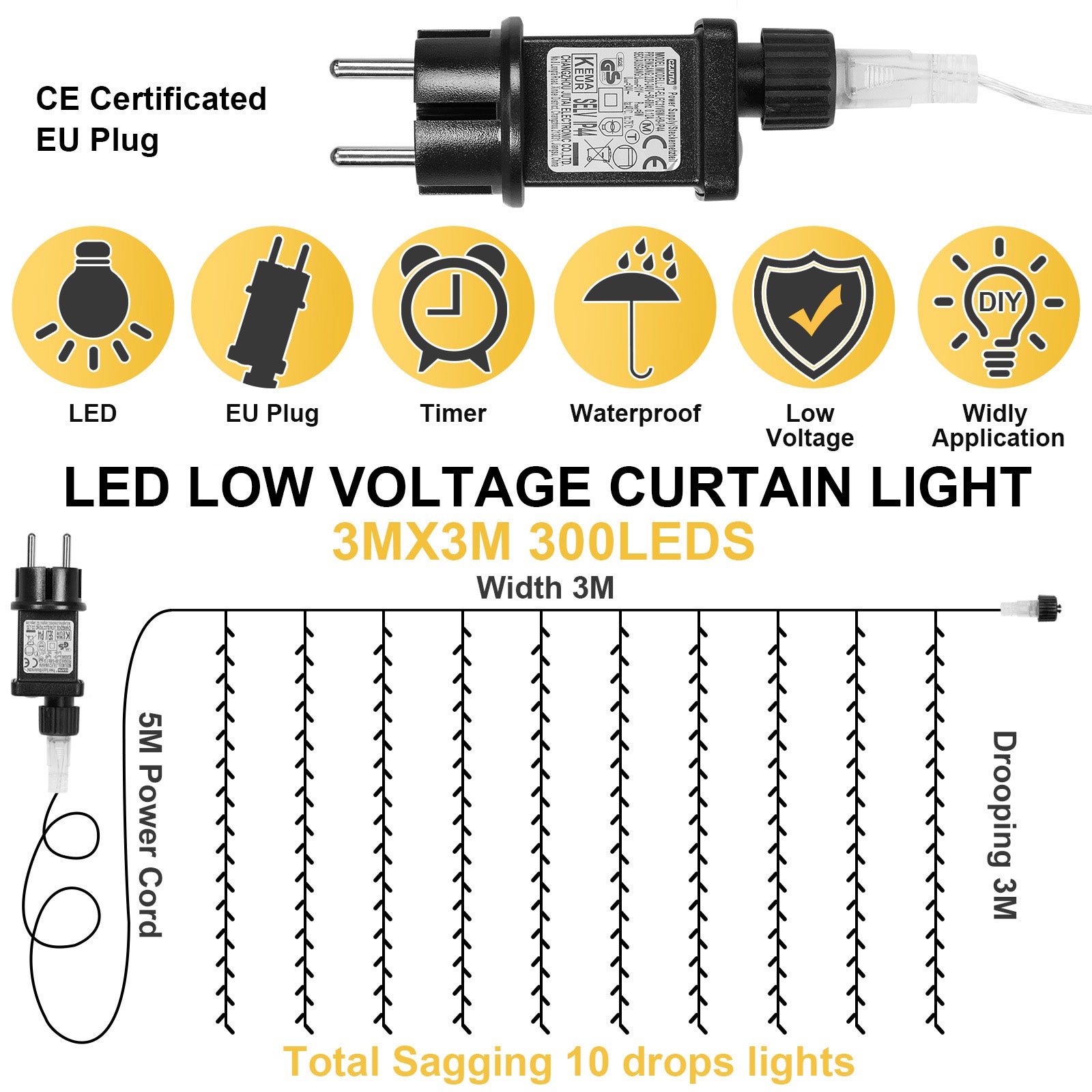 Luci per tende Catena Luminosa 3x3m, 300 LED Bianco Caldo 8 Modalità con Memoria, Timer Auto IP44, Collegabile per Interni ed Esterni 2 confezioni - 5