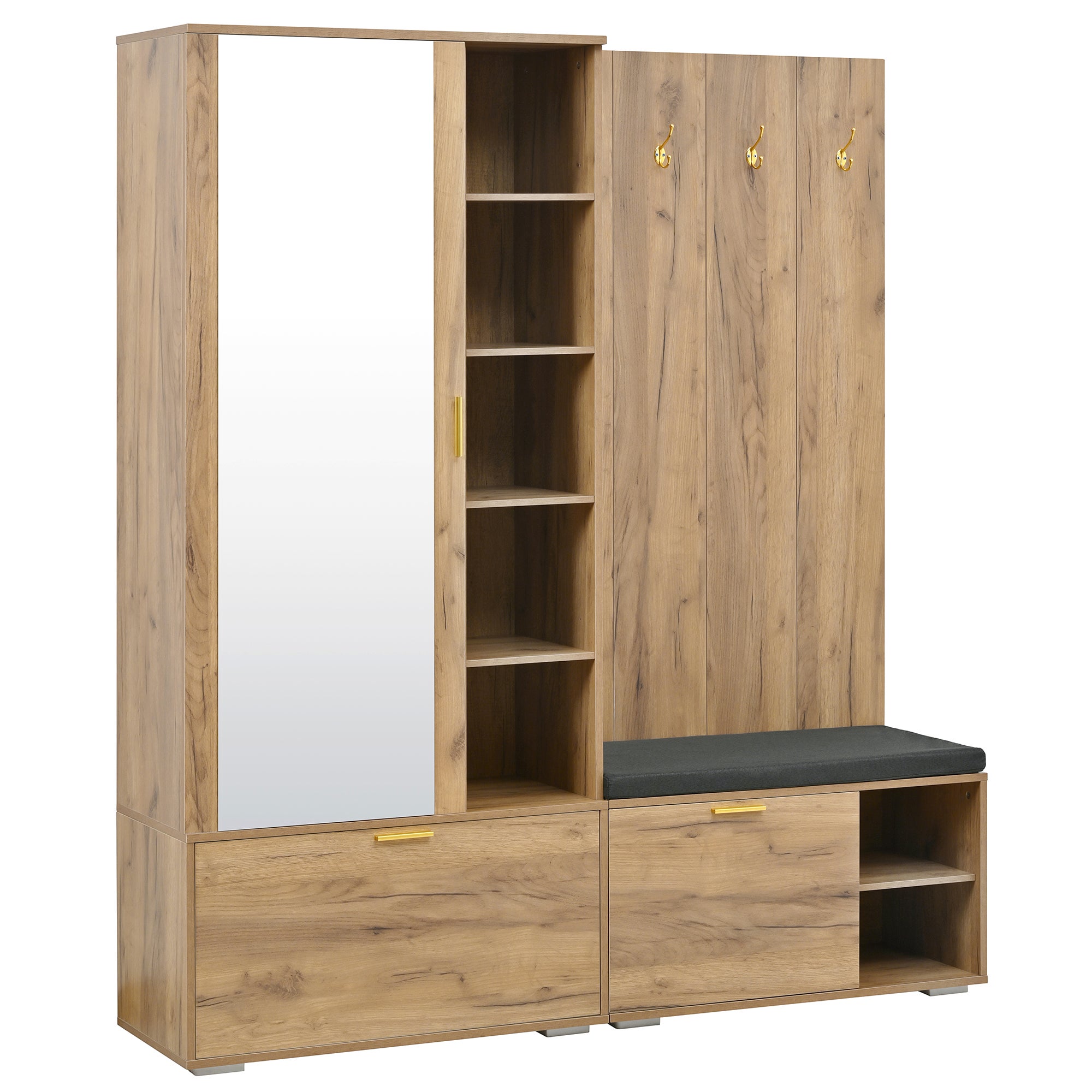Set scarpiera con panca, specchio, 4 ganci, attaccapanni e 3 ante - 160 x 38 x 180 cm - Truciolare - Naturale - 9
