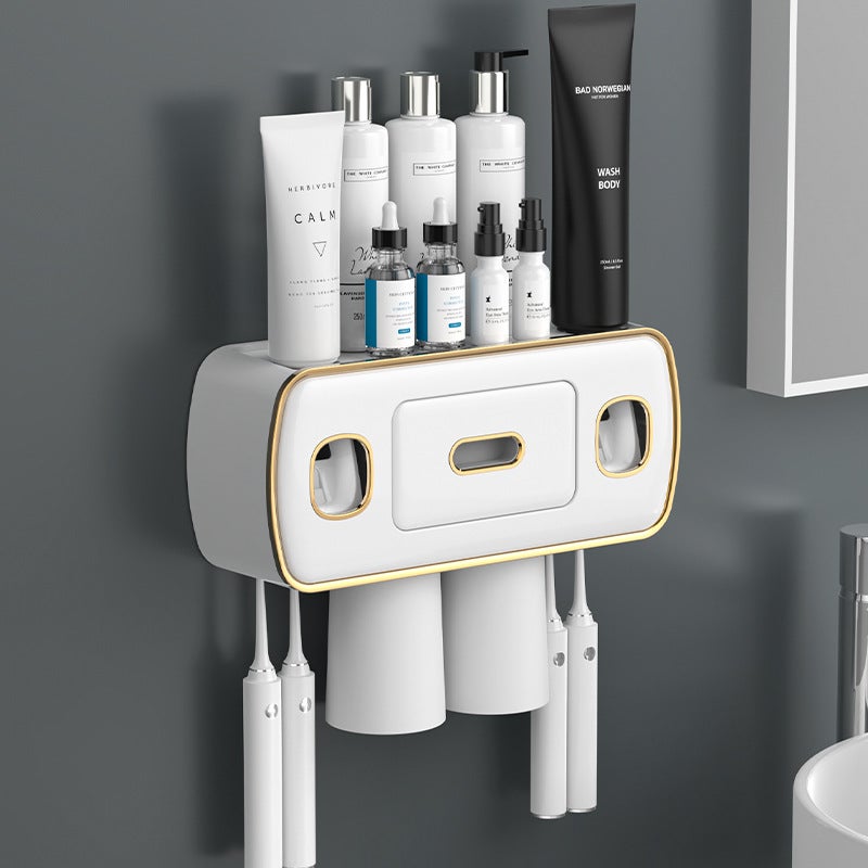 Support Brosse à Dents Mural HubiCare 5 Emplacements + Distributeur Automatique Dentifrice - Organisation Salle De Bain Pratique