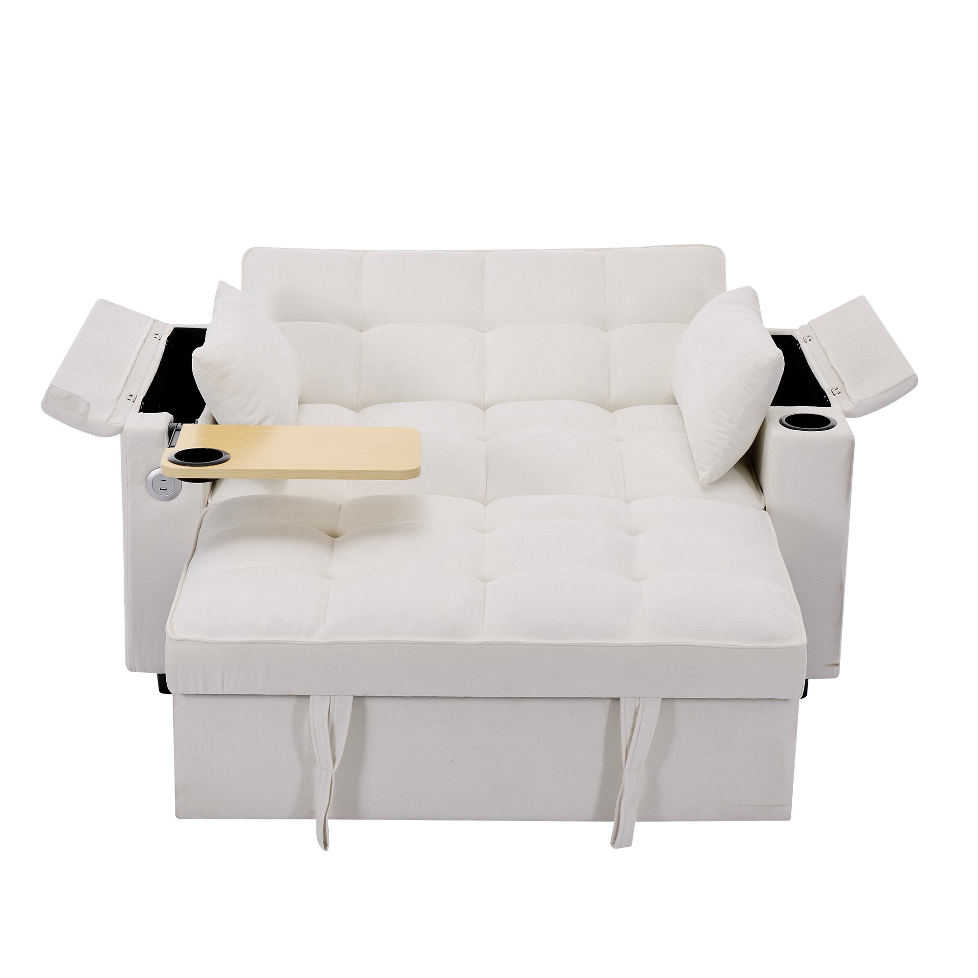 Canapé convertible 2 personnes 140.5x74x82 cm - Dossier réglable - Port USB - Porte-gobelet - Petite table d'appoint - Beige - 9