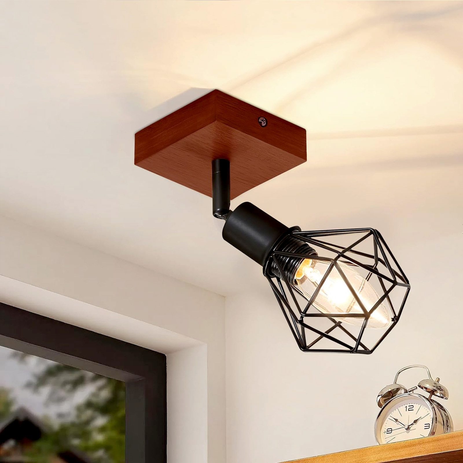 ZMH Lampa sufitowa w stylu vintage z drewna z jednym czarnym reflektorkiem E14 do salonu