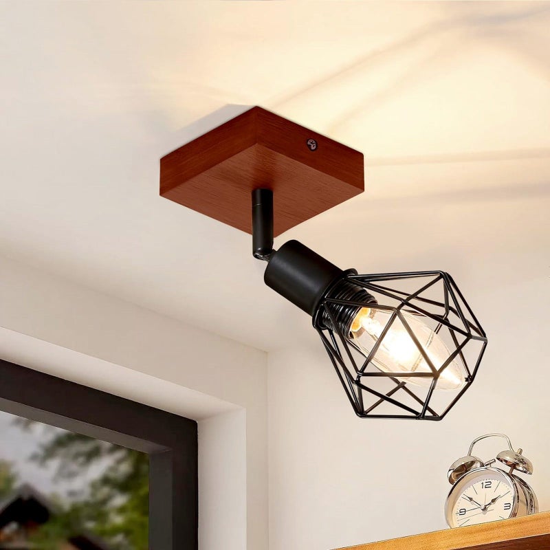 ZMH Lampa sufitowa w stylu vintage z drewna z jednym czarnym reflektorkiem E14 do salonu