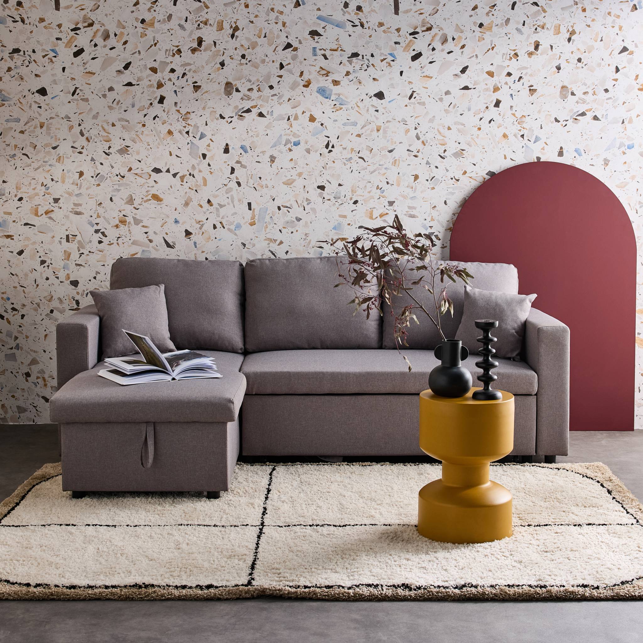 Divano angolare reversibile compatto 3 posti in tessuto, Grigio chiaro - 2