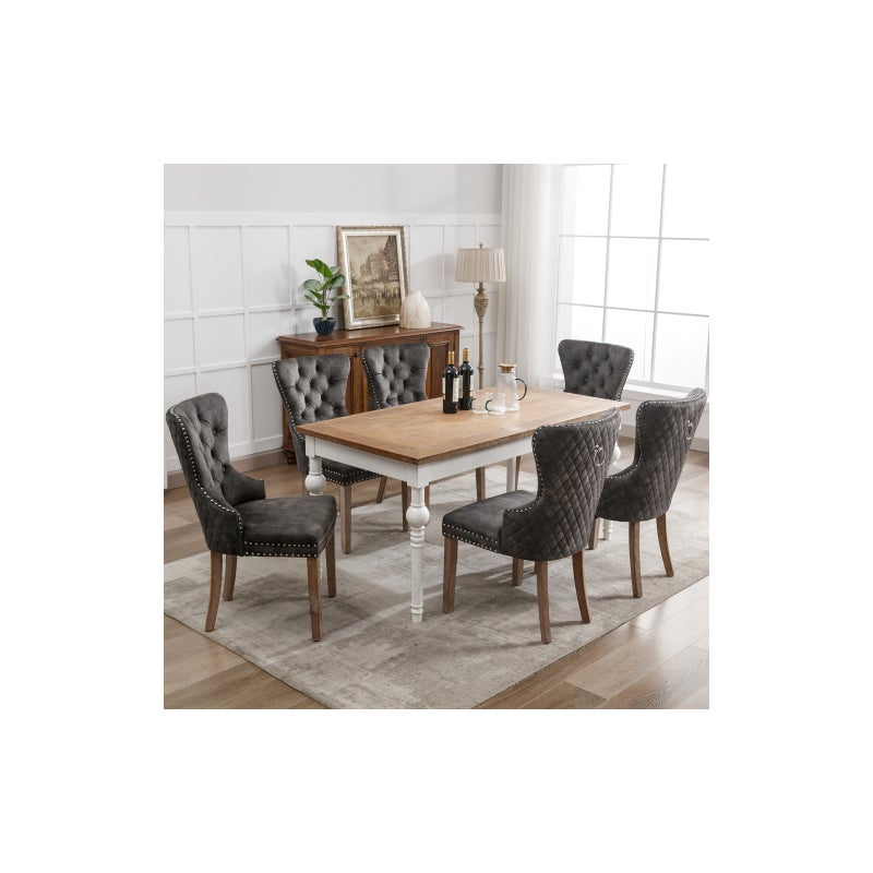 Krzesło do jadalni z szarego aksamitu, nogi z litego drewna, Polsterstuhl z gwoździami i pojedynczą blokadą, zestaw 6 szt.