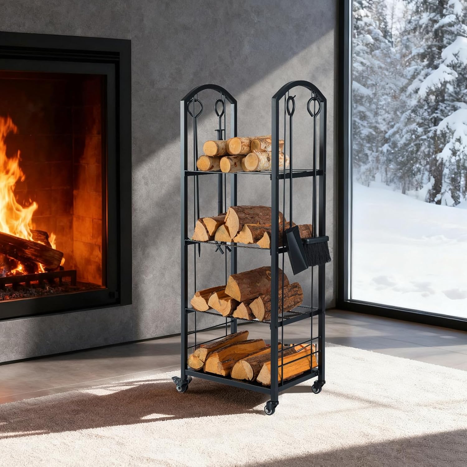 Mobilny Stojak na Drewno Kominkowe do Wnętrz, z 4 Obrotowymi Kółkami i Półkami z Siatki (47 x 33 x 122 cm | 4 Półki)
