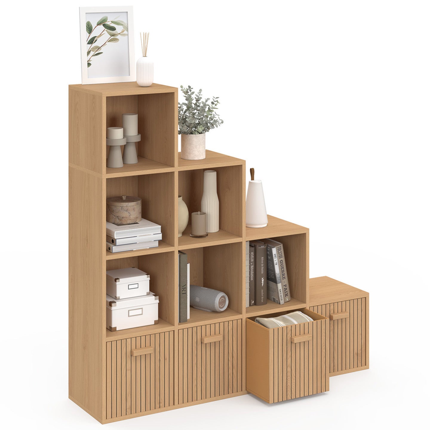 Meuble de rangement en escalier LORYS 4 niveaux effet lattes JULIETTE avec 4 tiroirs en tissu - 4