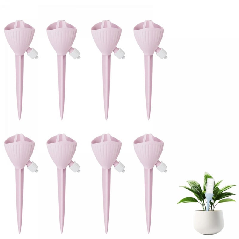 Zestaw 8 zraszaczy wewnętrznych z regulowanym systemem nawadniania do roślin doniczkowych, roślin ogrodowych i kwiatów ogrodowych (różowy)