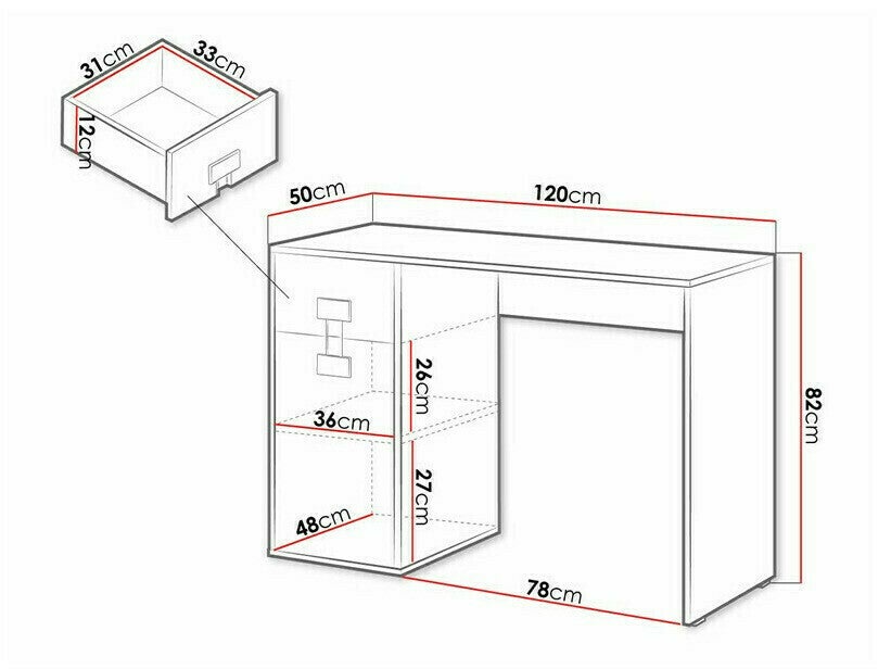 Bureau Florevi 100, Avec des portes, Avec tiroirs, Le nombre de portes: 1.00, Nombre de tiroirs: 1.00, 82x120x50cm, Mat blanc, Chêne Artisan - 4