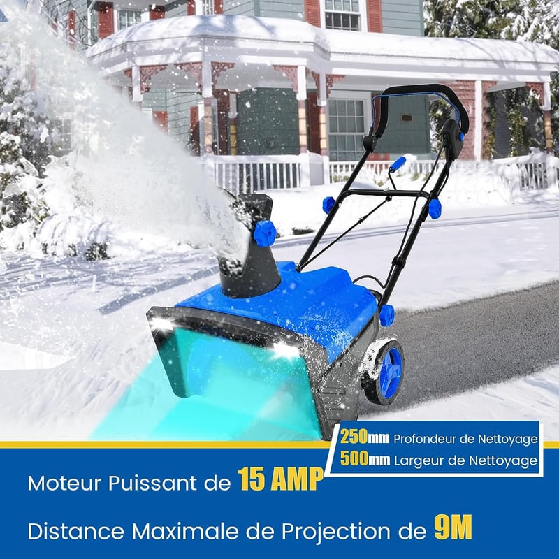 Elektryczna odśnieżarka z diodami LED i silnikiem 15 A, przewodowa maszyna do odśnieżania ze zjeżdżalnią obracaną o 180° i zasięgiem wyrzutu 9