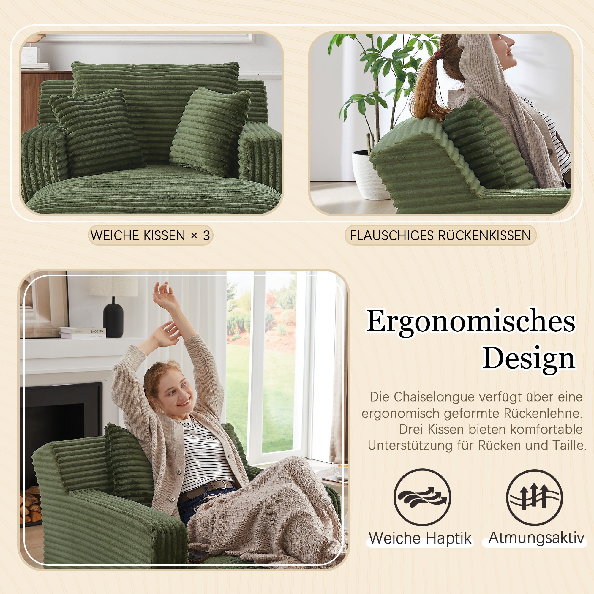 Canapé lit 3 en 1 méridienne et inclinable, velours côtelé confortable - Prêt à l'emploi, idéal petit espace - Couleur - vert - 3