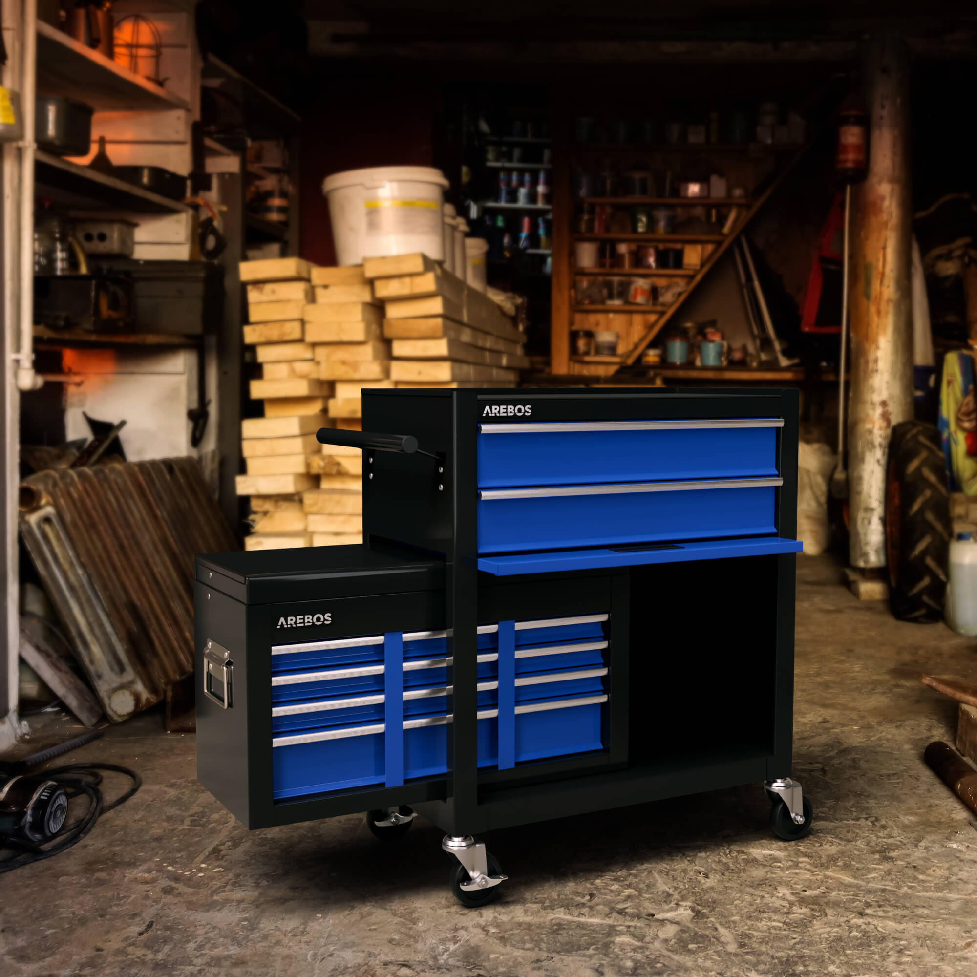 AREBOS Servante d'atelier à 9 tiroirs Chariot Caisse à Outils Amovible Noir-Bleu 33 x 61.5 x 108 - 8