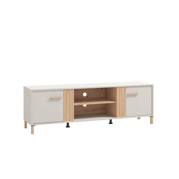 Móvel TV em melamina cor cashmere e carvalho Artisan com 2 portas – 163,5 x 40 x 52 cm, frentes com efeito ripado em relevo