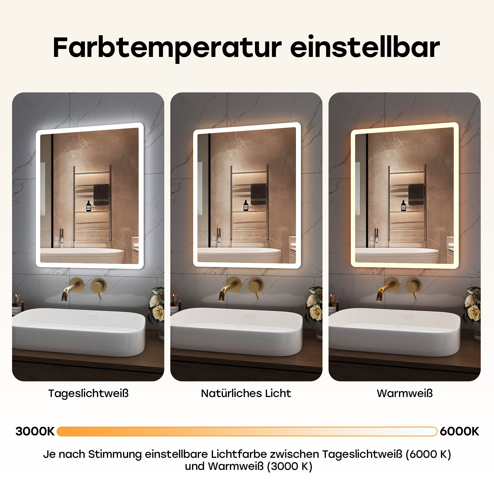 Specchio da bagno LED 50x70 cm, antiappannamento, dimmerabile, funzione memory, con pulsante Smart Touch HOROW - 2