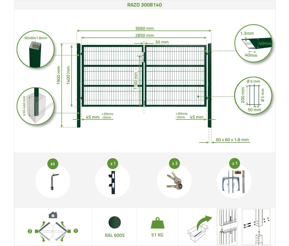 Portail battant grillagé 3m RAZO H.140cm Vert - 2