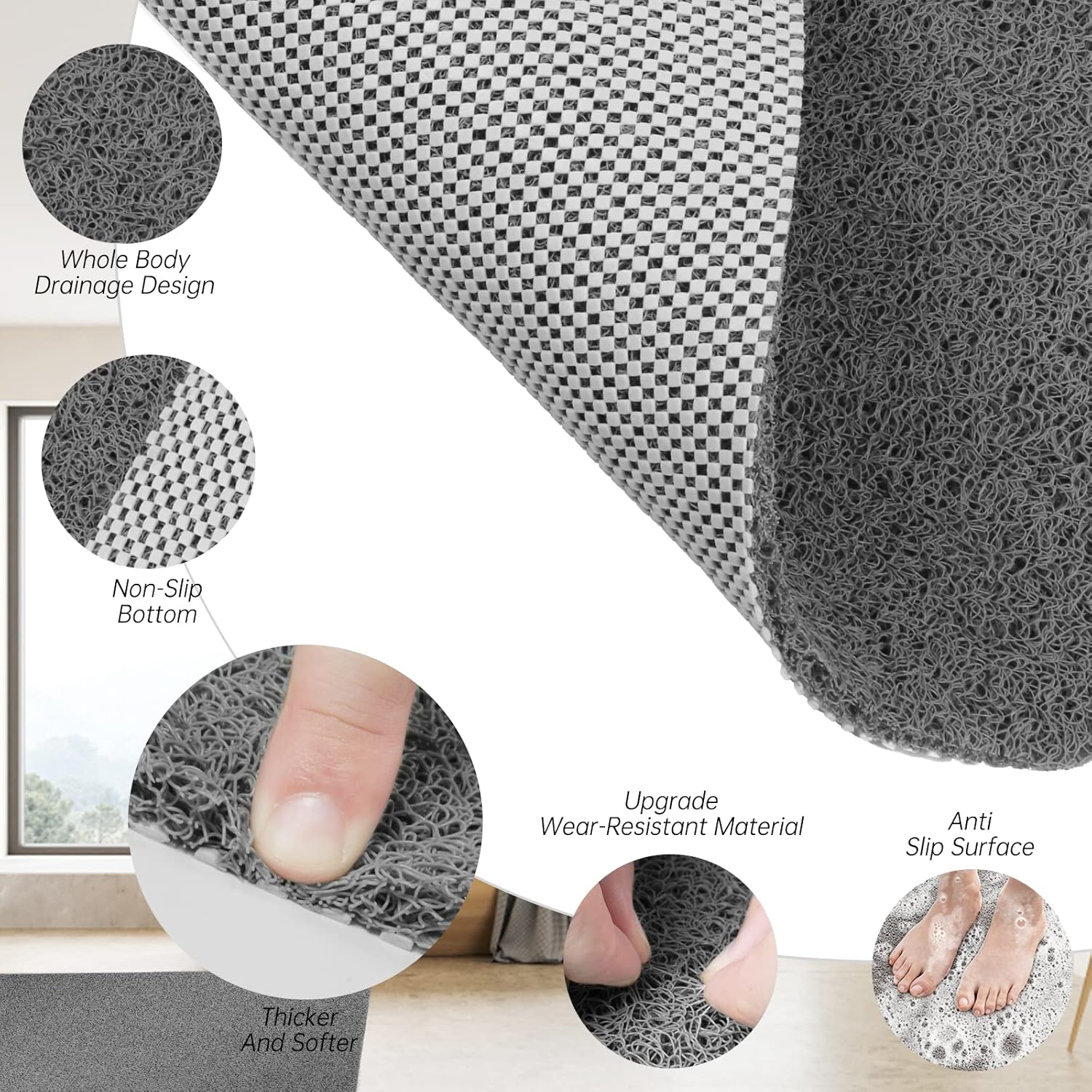 Tapis de Douche Antidérapant Doux Loofah Anti Moisissure PVC Tapis de Bain pour Cabine de Douche Salle de Bains 50x80cm Gris - 3