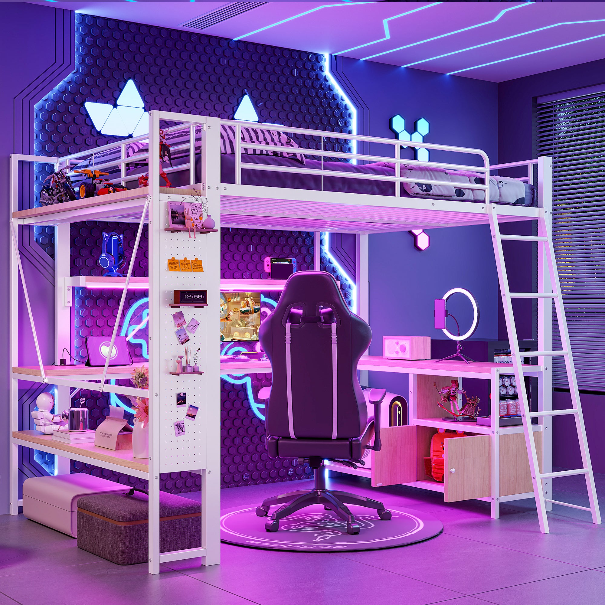 Łóżko Piętrowe 140x200 cm, Metalowa Rama z Oświetleniem LED, Biurkiem, Przechowywaniem, Półkami, Tablicą Perforowaną, USB, Białe