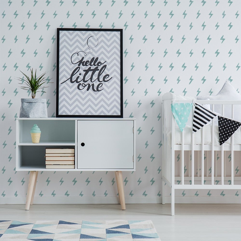 Papel pintado autoadhesivo con tintas eco, y libre de pvc, rollo de 129 x 260 cm rayos y centellas aguamarina