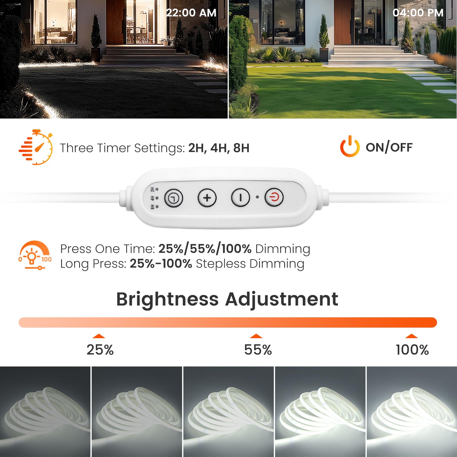 Bandeau LED COB Flexible Dimmable avec Minuterie, 220V 288 LED/m IP65, Lumière Haute Intensité Intérieur/Extérieur - Blanc froid 3M - 4