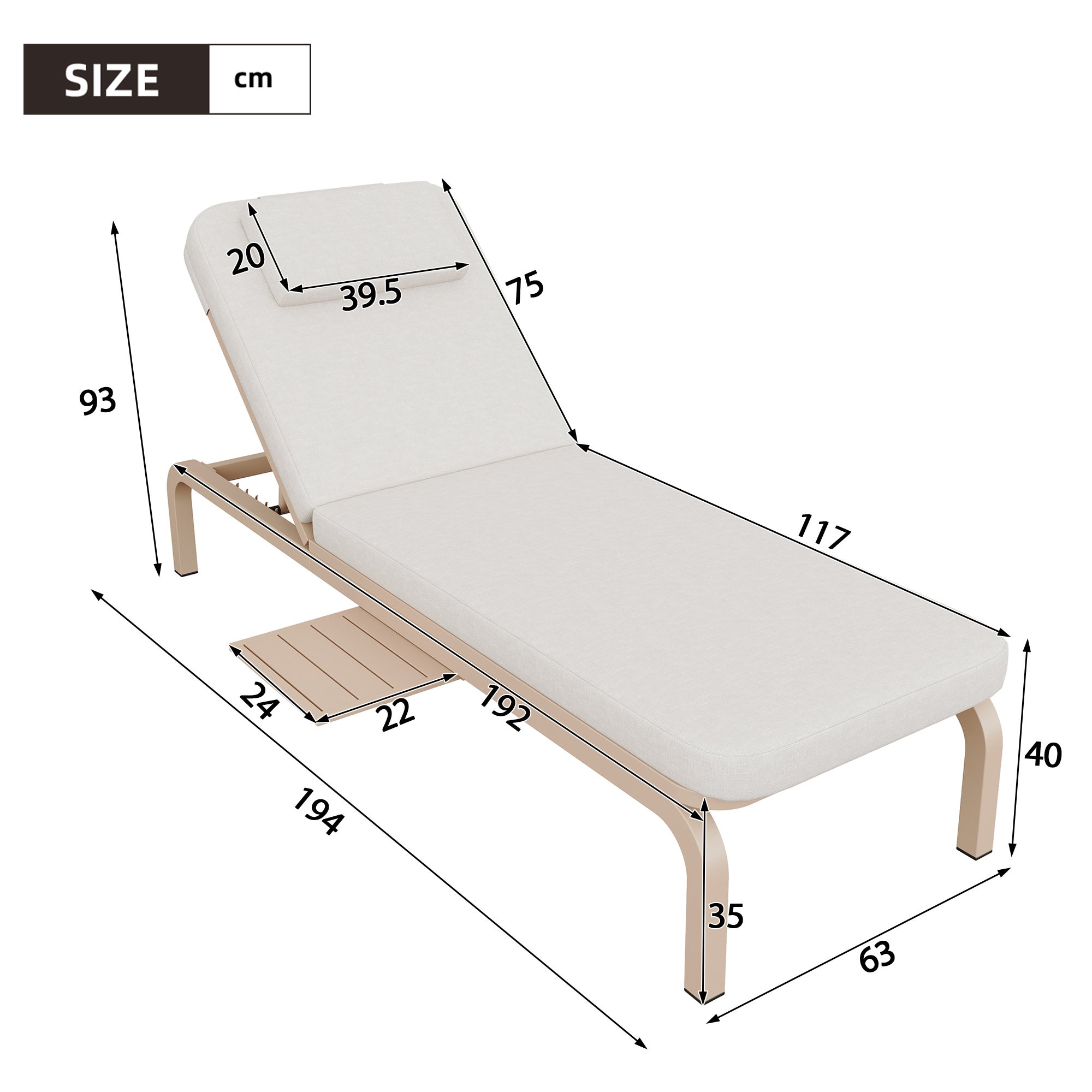 Tumbona con mesa auxiliar y respaldo regulable - 194 x 63 x 93 cm - Acero galvanizado y poliéster - Beige - 3