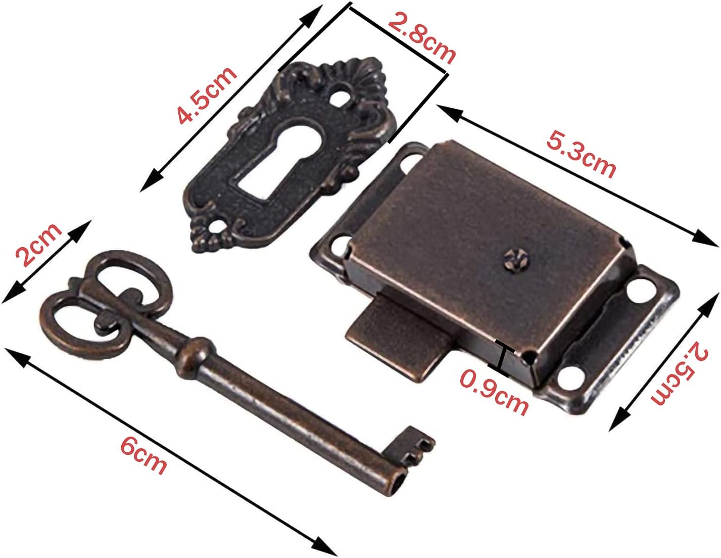 Serratura antica per porta di armadietto, set di serrature antiche, serratura decorativa con chiavi e viti, per cassette postali, armadietti, credenze - 3