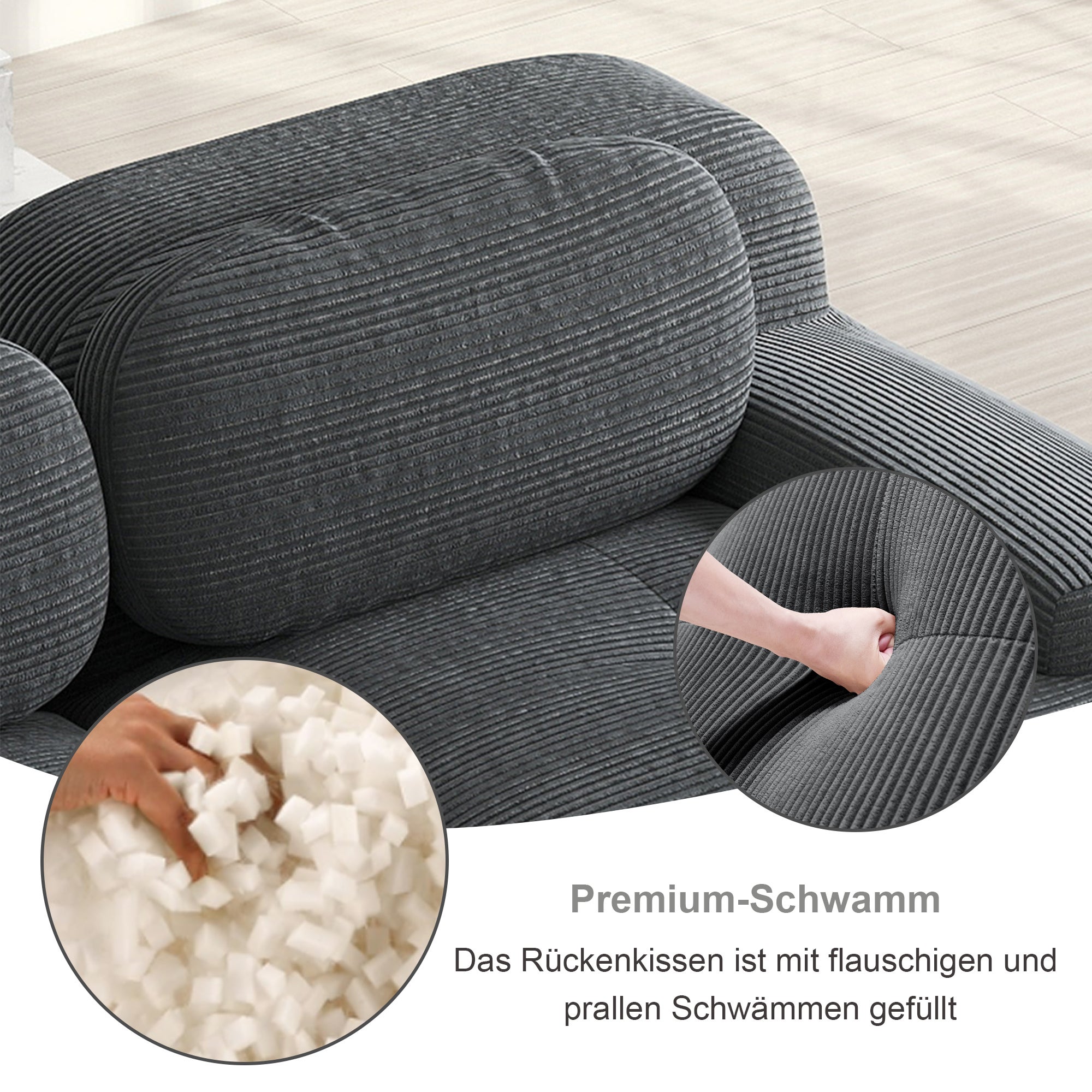 Canapé U modulable en tissu cord premium, Canapé d'Angle antidérapant, accoudoirs extra larges, rembourrage 32D, Canapé 3 Places Gris, sans montage - 5