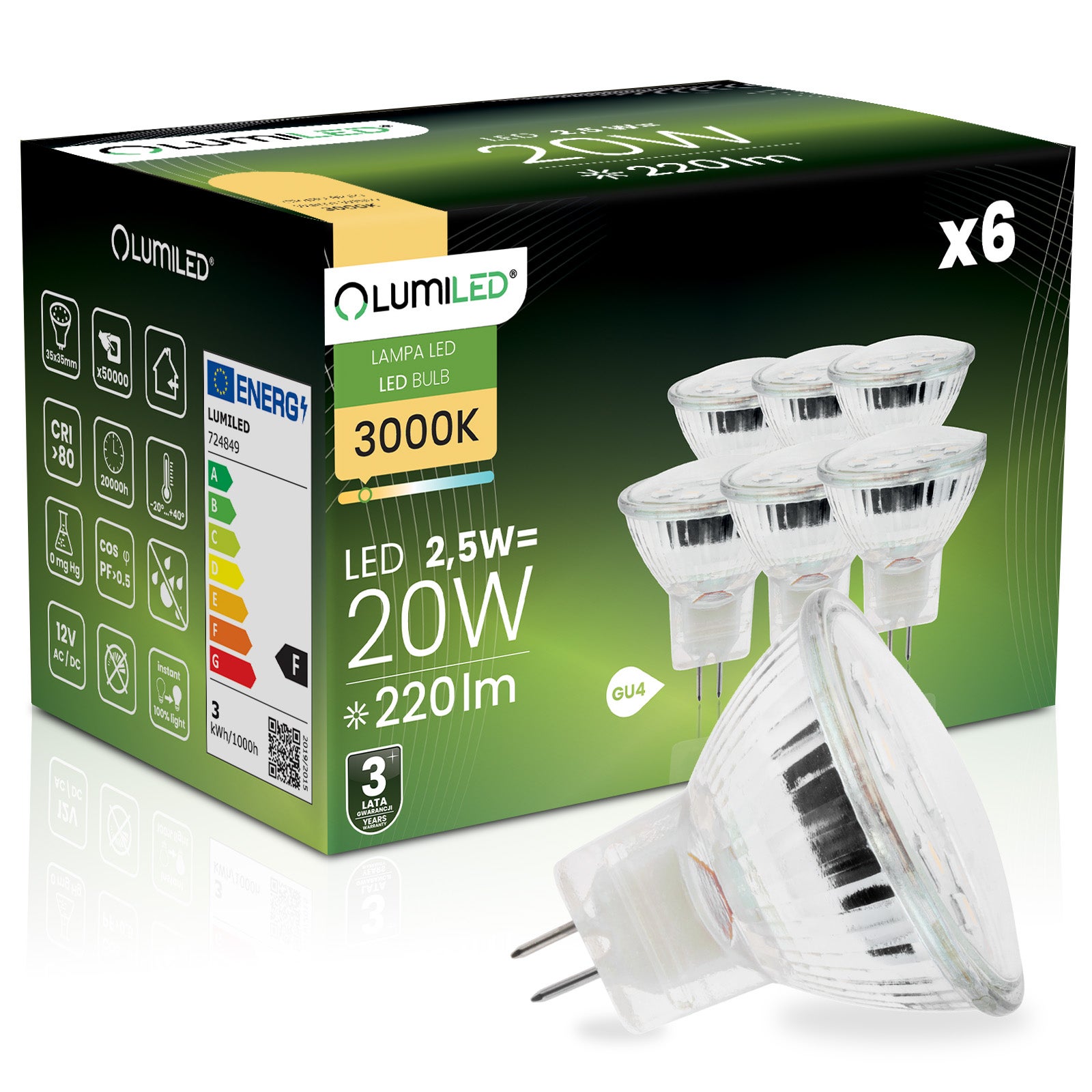 Żarówka LED Lumiled GU4 Reflektor MR11 220lm 3000K Ciepła biel 120st 6 szt.