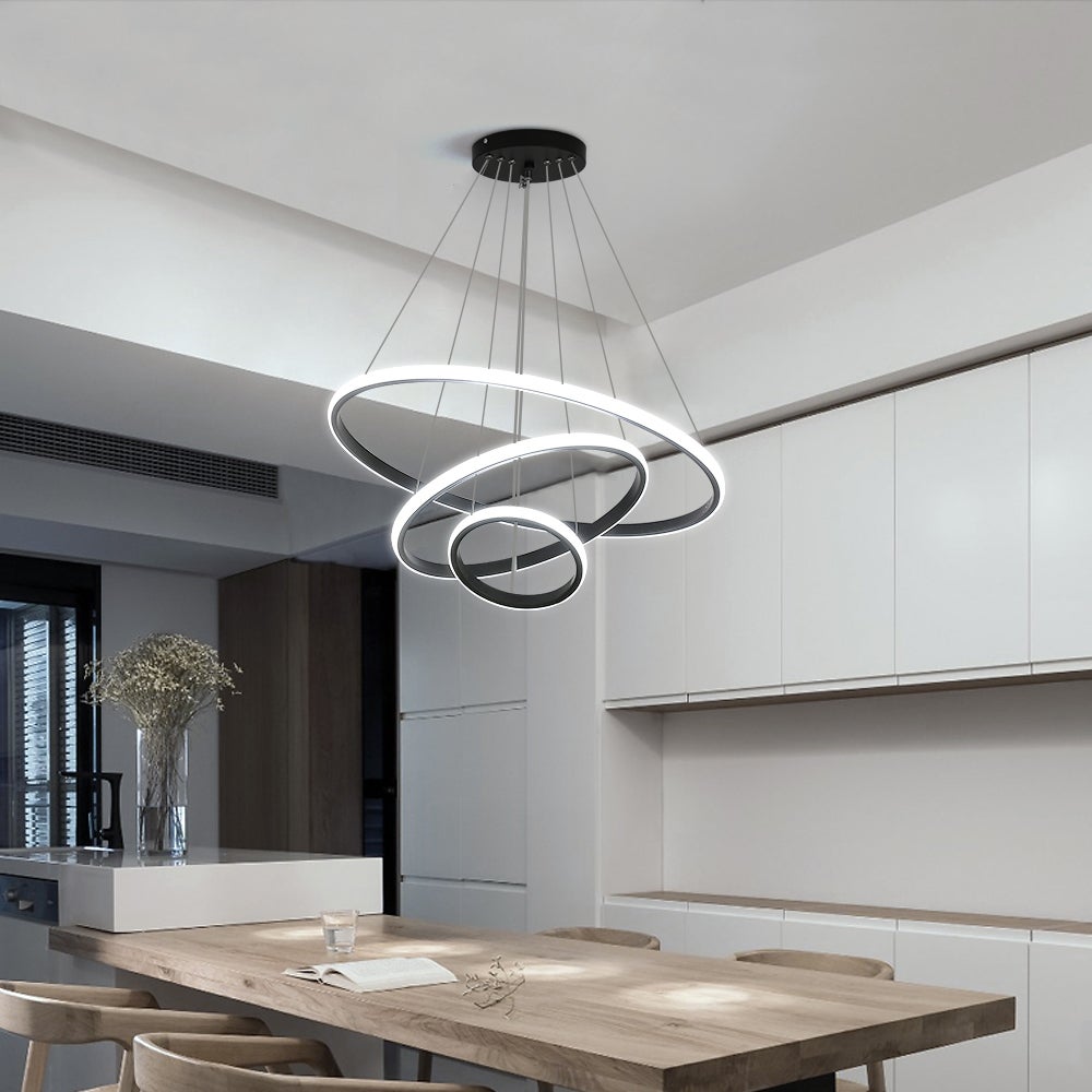 GOECO Suspension Luminaire dimmable - Lustre LED Moderne pour Salon Salle à Manger - Avec télécommande Hauteur Réglable - Noir - Ø.20+40+60cm - 8