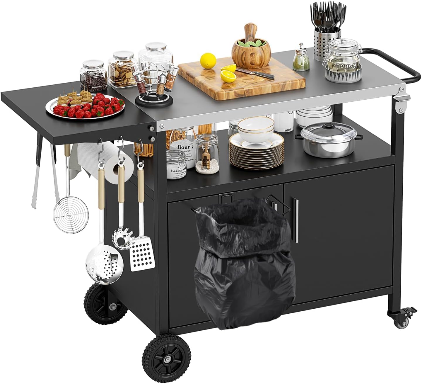 Szafka Ogrodowa na Grill Plancha z 3 Poziomami, Wyspa Kuchenna ze Składanym Blatem Roboczym, Wieszak na Ręczniki, 6 Haczyków