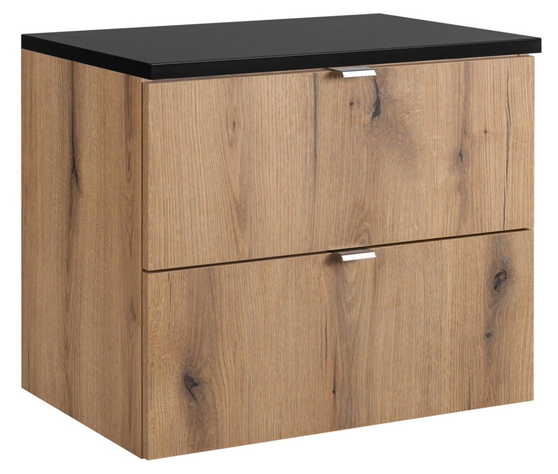 Szafka łazienkowa NOVA OAK 80 cm dąb z czarnym blatem 2 szuflady