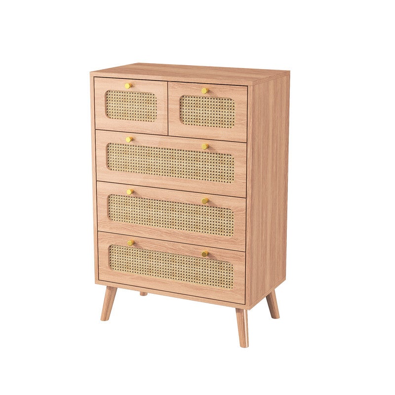 Commode à 5 tiroirs, structure en bois, finition rotin, buffet, meuble de rangement, couleur bois naturel - 5