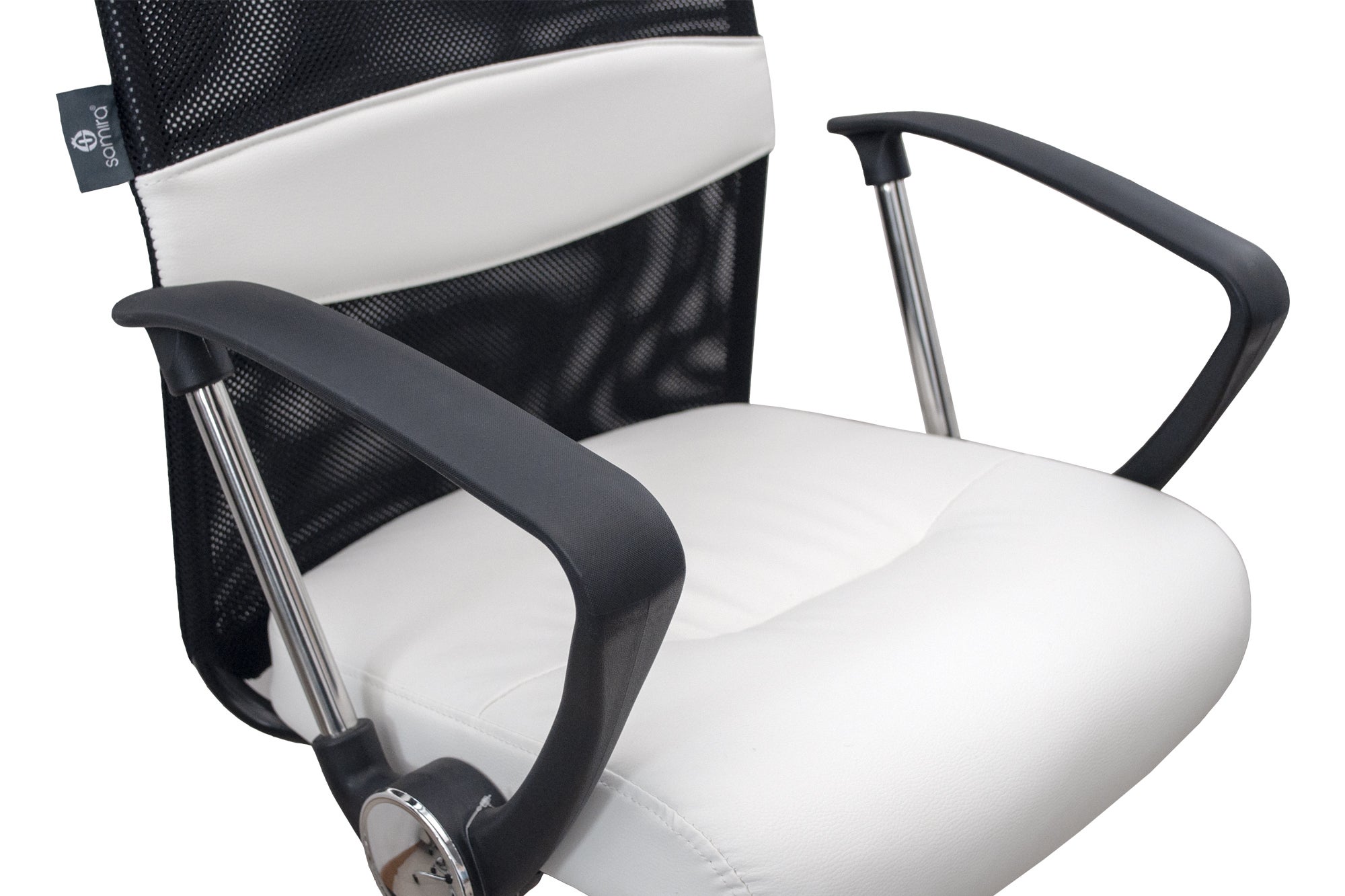 Sedia da ufficio direzionale, poltrona operativa in tessuto traforato e ecopelle bianca - 6