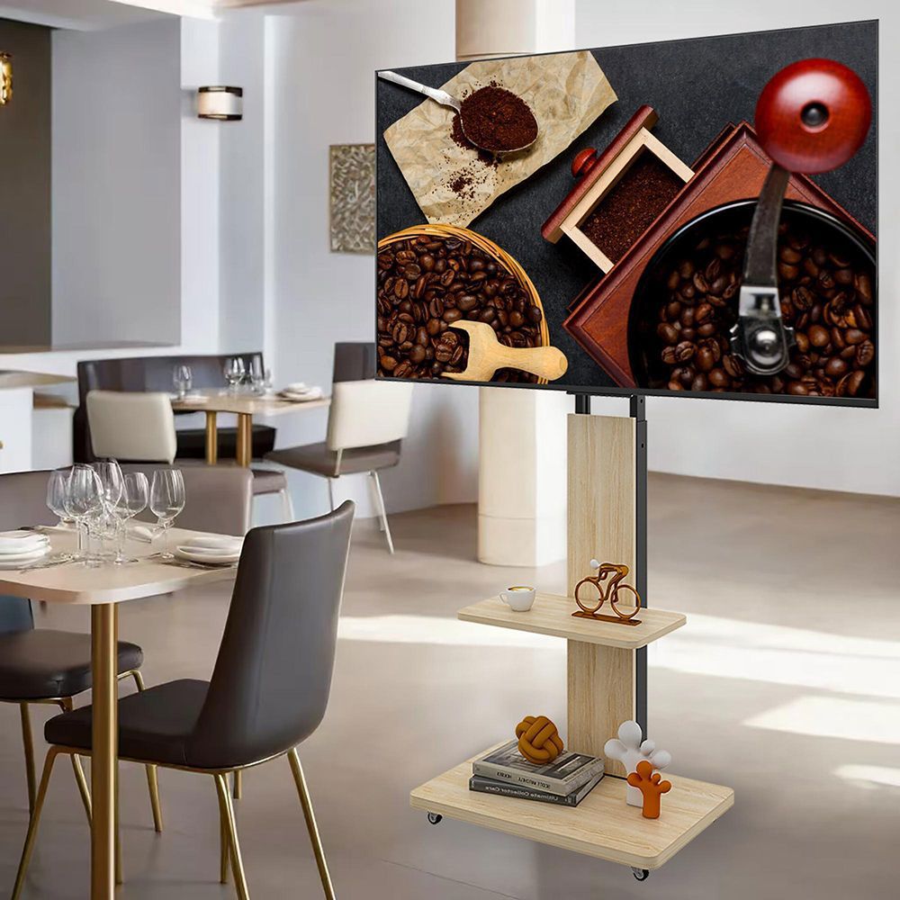 Meuble TV mobile réglable avec rangement,60x40cm,naturel,pour TV 32-75 pouces roulettes verrouillables - 8