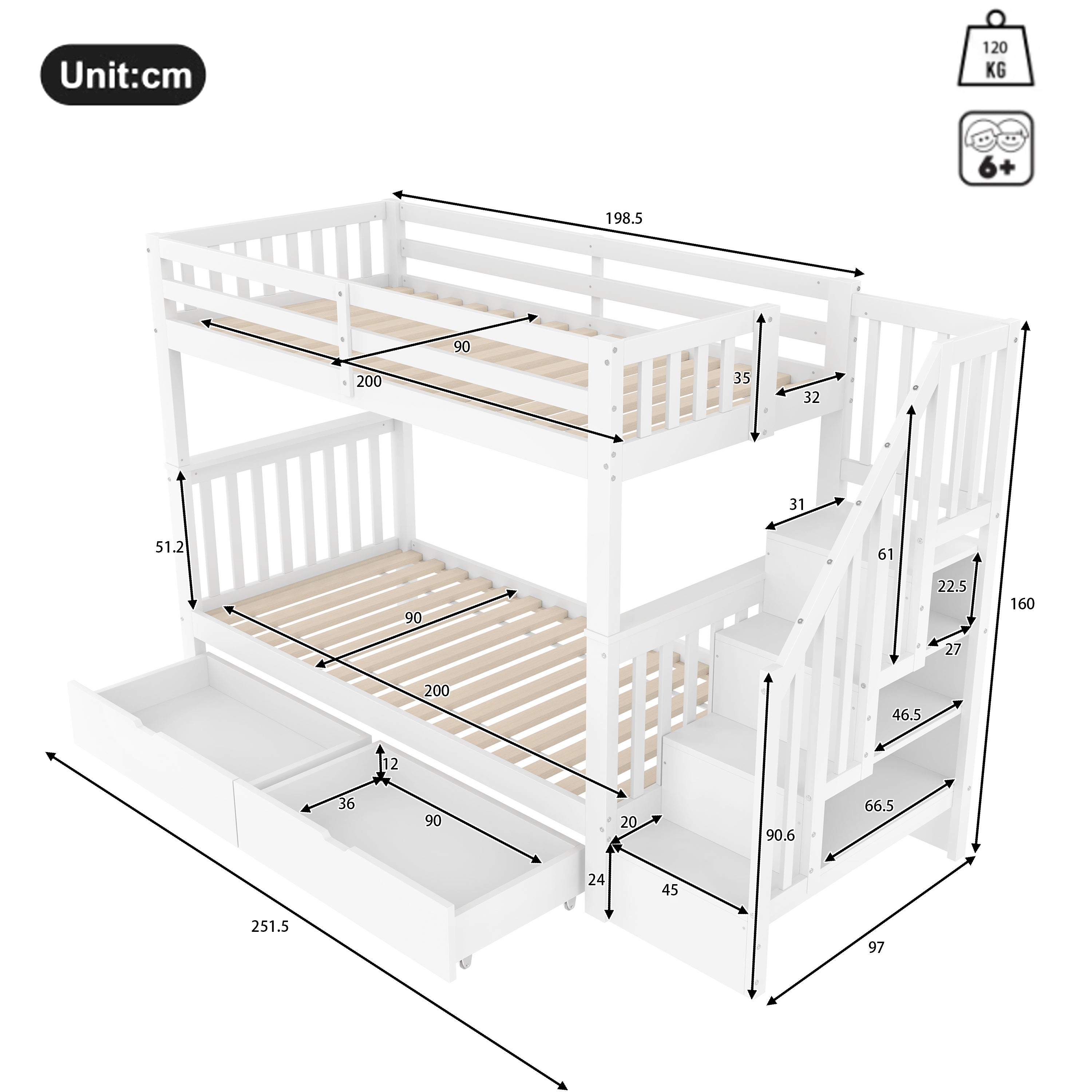 Lit superposé 90 x 200 cm, étagère escalier, équipé de deux tiroirs, garde-corps hauts, blanc - 7