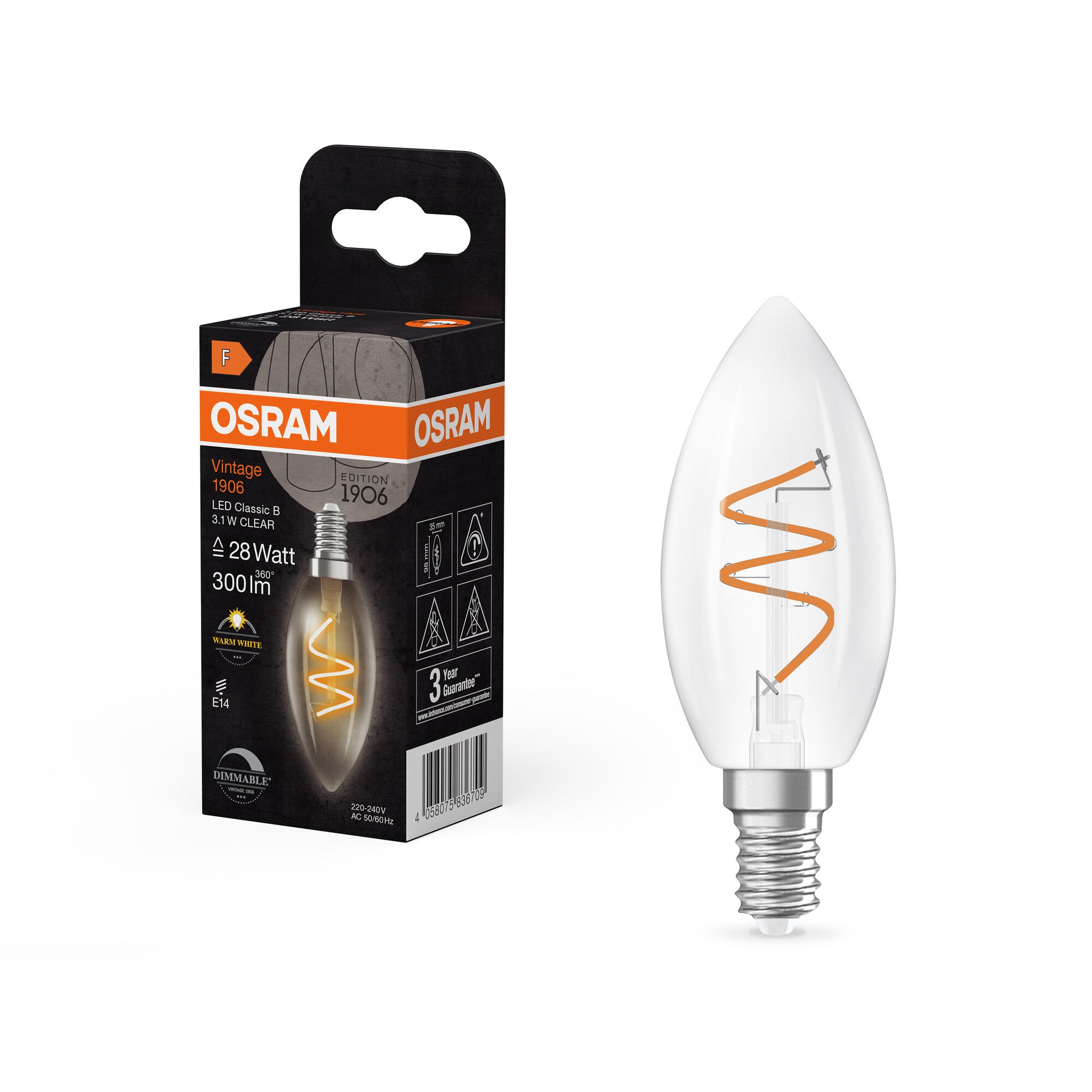 OSRAM Vintage 1906 Classic est une blanc chaud à intensité variaben forme de mini bougie avec un filament en spirale. Il propose 3,1 W, 300 lm,E14, - 4
