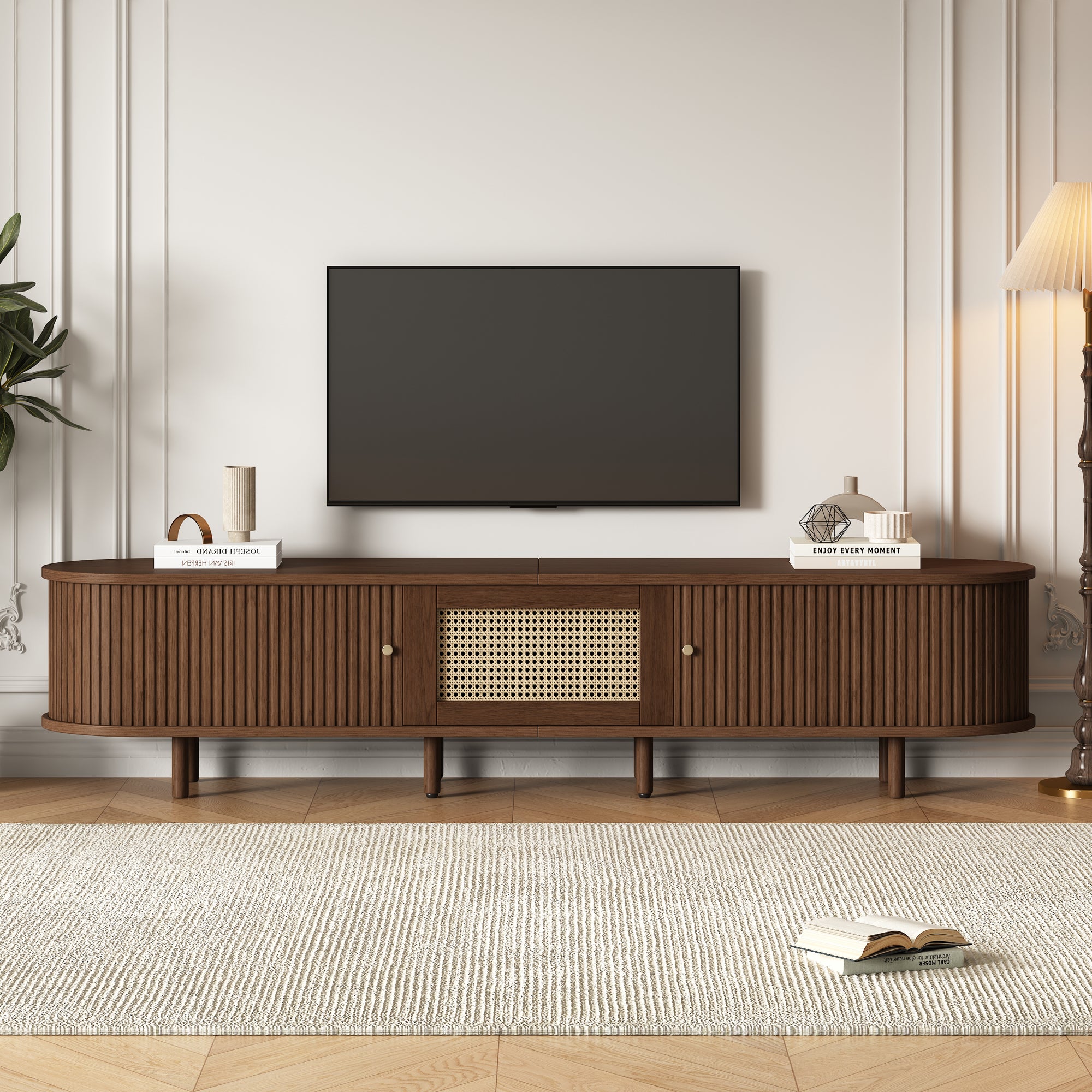 Owalna szafka RTV z 2 drzwiami przesuwnymi i 1 szufladą rattanową - 180 x 40 x 40 cm - drewno MDF - ciemny orzech - 7