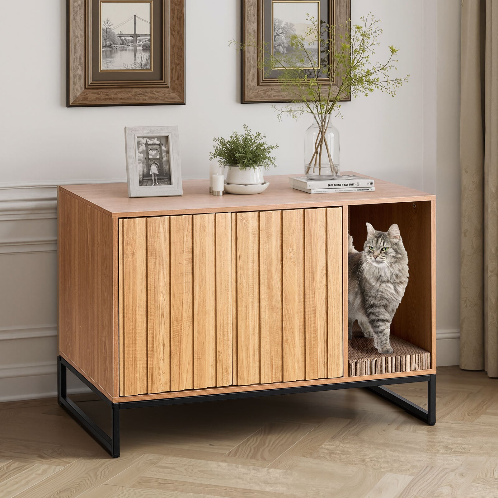 Meuble cache-litière VEVOR, bois, 80×51×56,8 cm, niche avec griffoir, compatible plupart bacs, pour salon - 8
