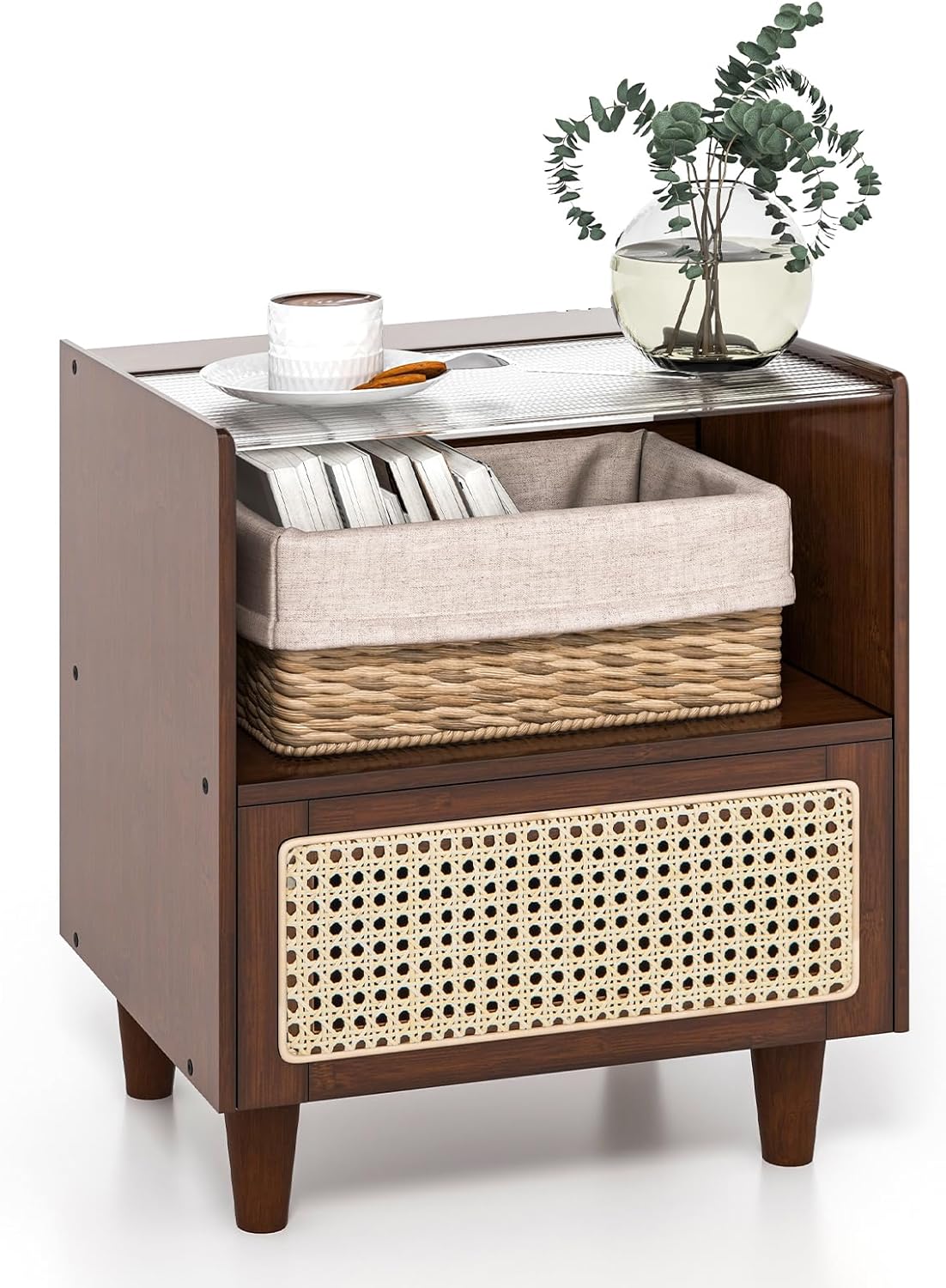 Stolik nocny z rattanu, szafka nocna z bambusa, z szufladą, stolik pomocniczy ze szklanym blatem i otwartą półką, salonu, 43 x 35 x 50 cm