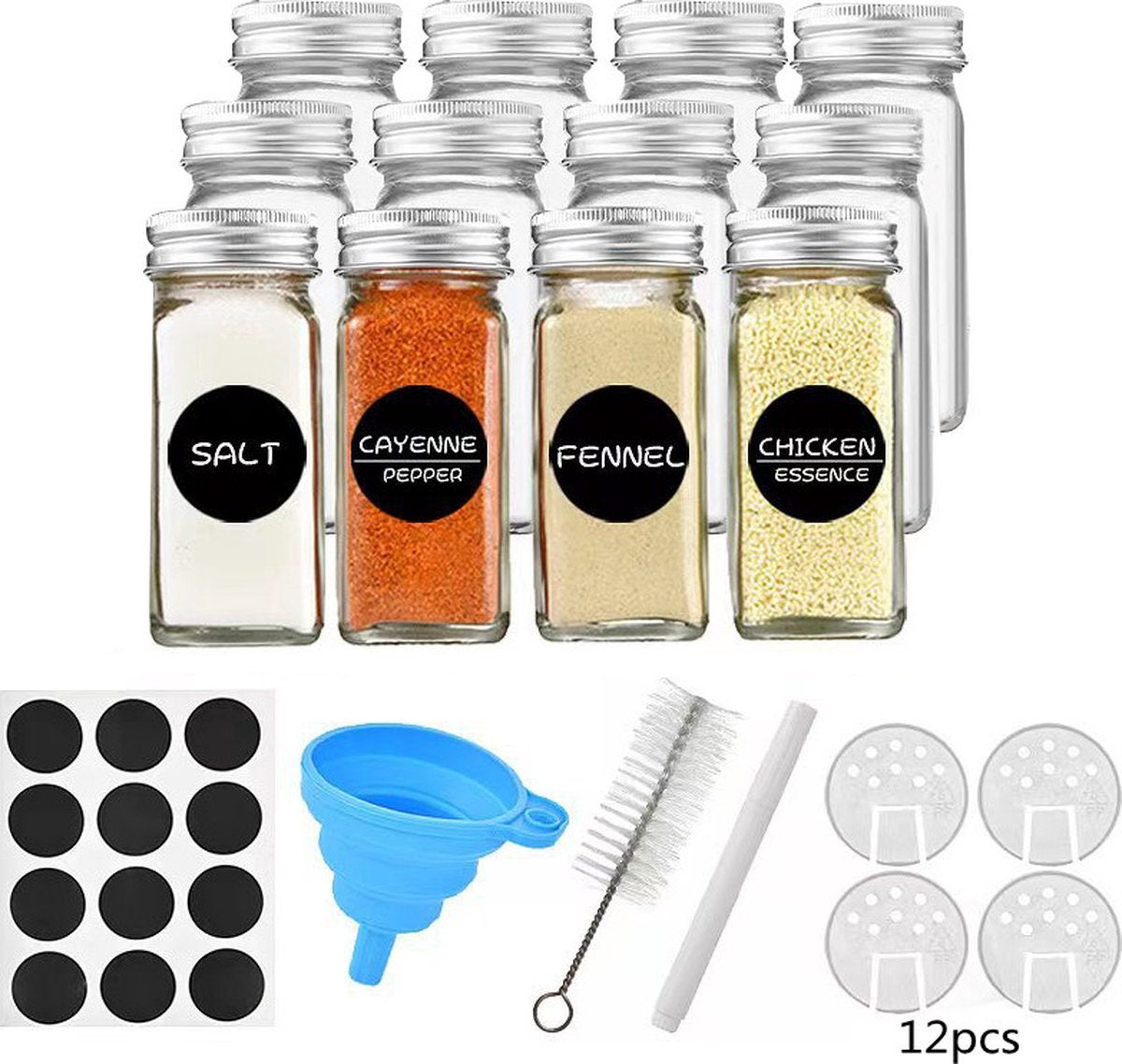 Set 12 borcane de sticlă pentru condimente cu capac din aluminiu, Conținut 120 ml, Accesorii practice pentru îmbrăcăminte pentru bebeluși incluse