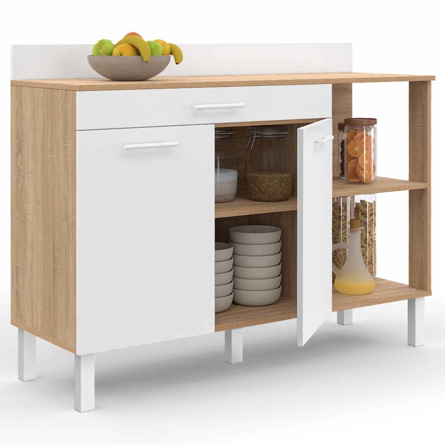 Buffet bas de cuisine 120 cm CINA plan de travail H.83 cm 2 portes + tiroir façon hêtre et blanc - 4