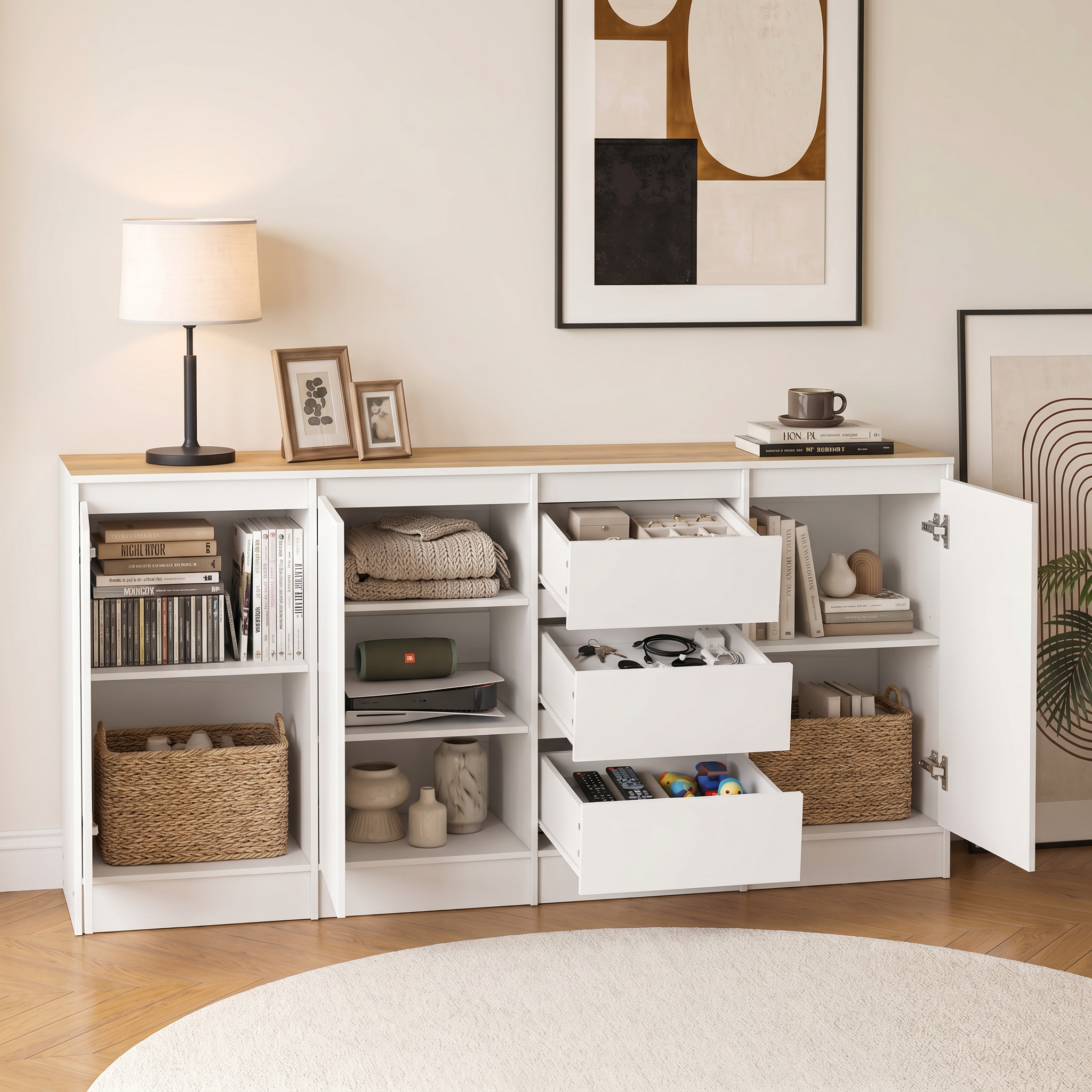 Buffet Bas avec 3 Portes et 3 Tiroirs pour Salon, Meuble de Rangement avec Plateau avec Aspect du bois, 180 x 35 x 80 cm, Blanc Mat - 4