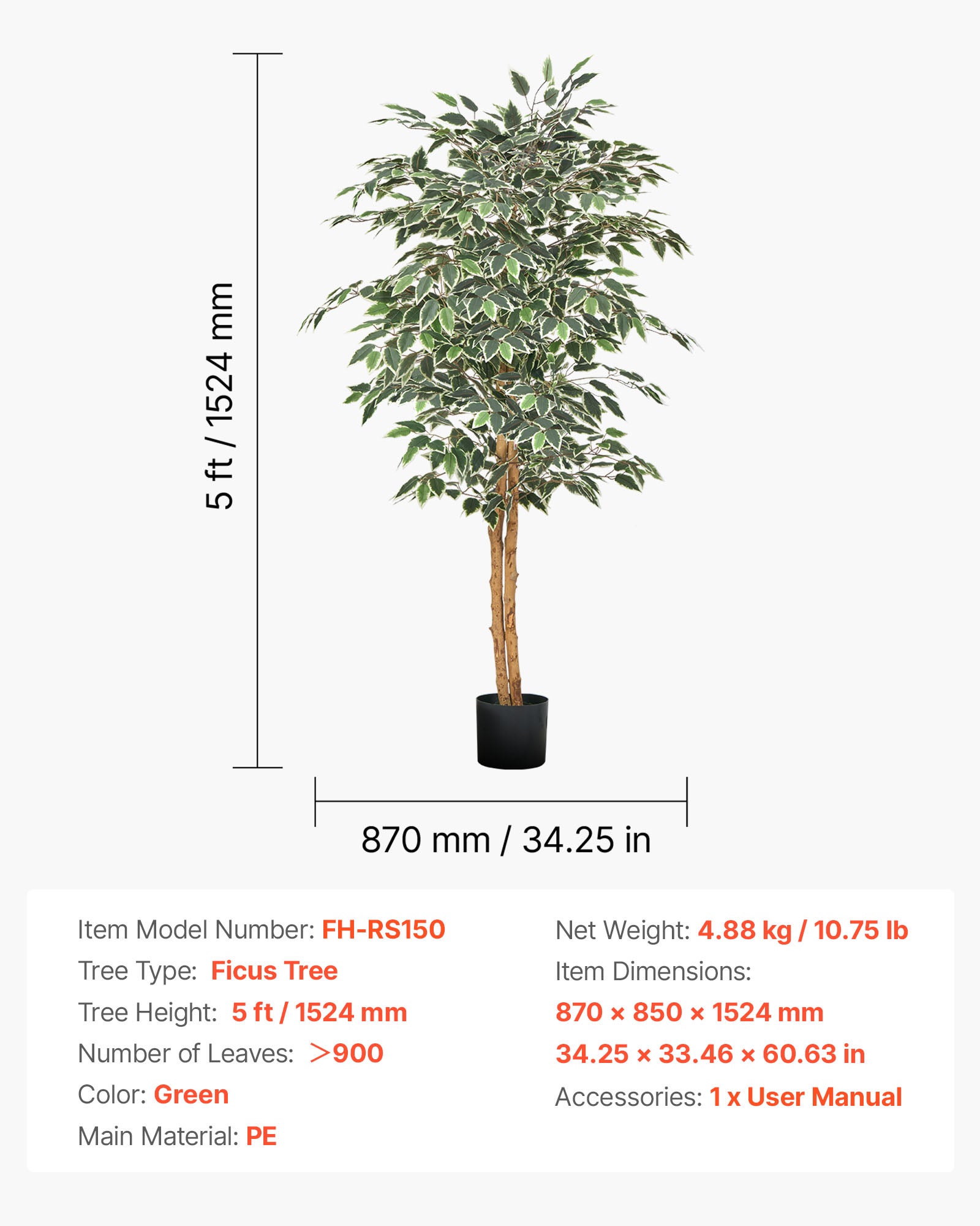 Árbol artificial VEVOR 1,5 m,planta de ficus artificial de polietileno con maceta negra,ideal para oficina,salón,dormitorio y decoración del hogar - 6