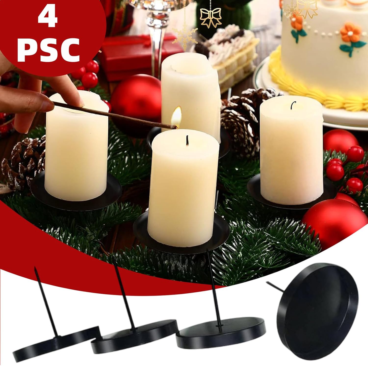 Bougeoir en Métal Noir 8cm avec Pic de Fixation - Lot de 4 Supports pour Bougies de Noël, Décorations de Table pour Advent et Fêtes - 2