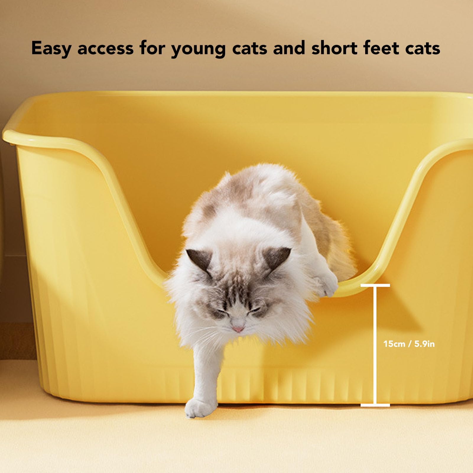 Caixa de areia para gatos grande, laterais altas, antirrespingos, fácil de limpar, aparência simples, caixa de areia para gatos grandes (amarelo) - 4