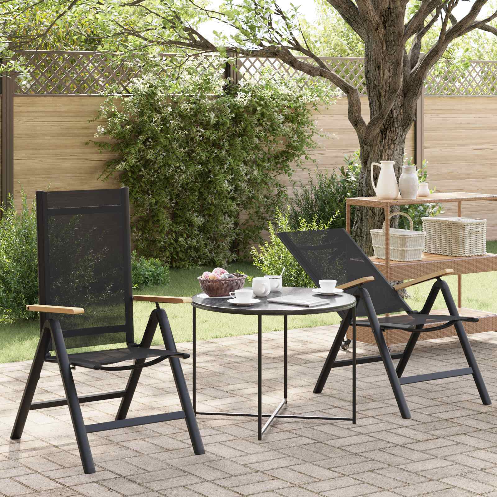 Sillas de jardín reclinables, 2 piezas, de textileno negro