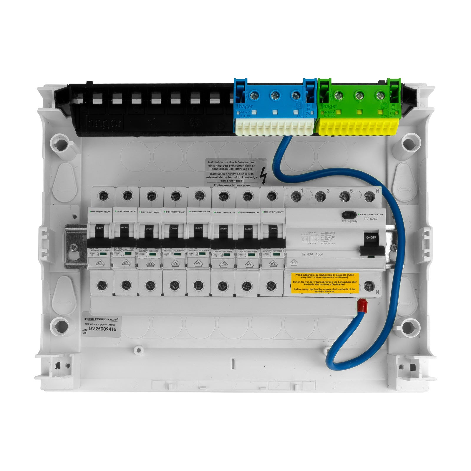 Rozdzielnica modułowa natynkowa 1x12 zabezpieczona 8xMCB 1xRCCB VDE okablowana skrzynka elektryczna Hager 245x305x96,5mm Doktorvolt DV-6296-NT
