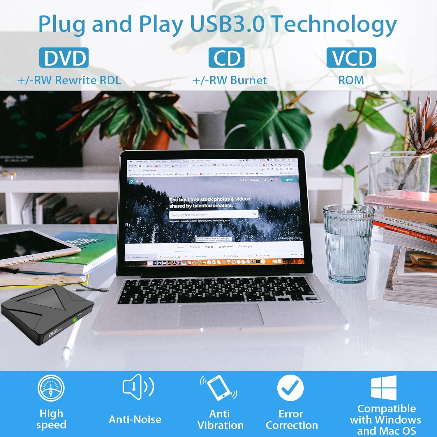 Lecteur DVD/CD Externe USB 3.0 et Type C, Graveur Portable CD/DVD +/- RW, Compatible PC, MacBook, Windows 7/8/10/XP, Linux, MacOS - 2