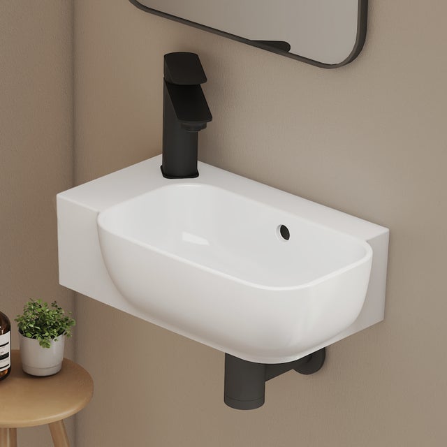 EMKE Lavabo mural rectangulaire en céramique 40 x 25 x 14 cm, trou de robinet à gauche, avec trop-plein, blanc brillant